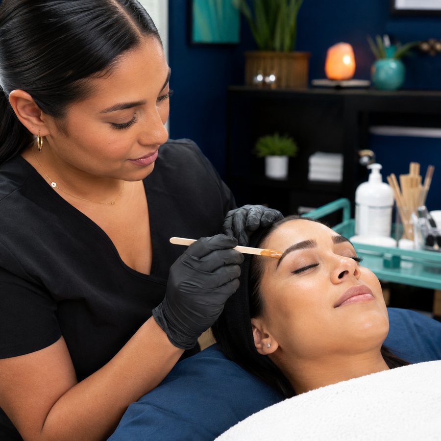 Esthetician shaping a client's brows
